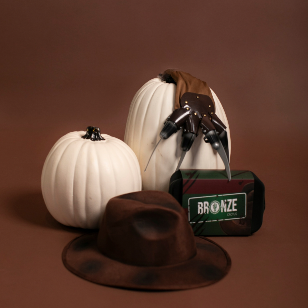 Three pumpkins with black and white designs, a brown hat, and a bag labeled 'Bronze' on a brown background.