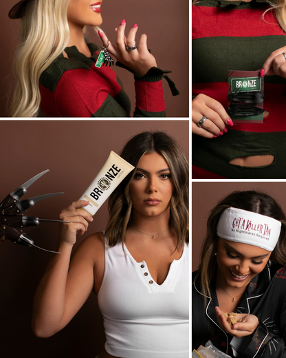 Collage of a woman holding a product labeled 'Bronze' in various settings.